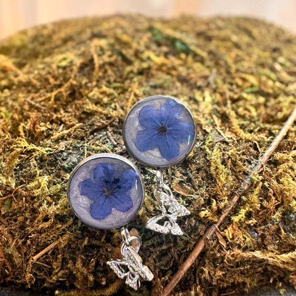 Forget-Me-Not Butterfly Resin Stud Earrings–Handmade with Real Flowers