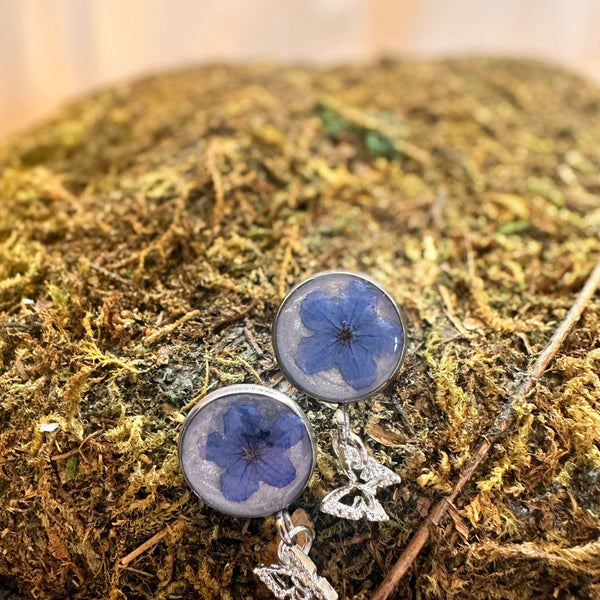 Forget-Me-Not Butterfly Resin Stud Earrings–Handmade with Real Flowers