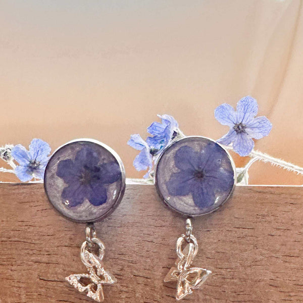 Forget-Me-Not Butterfly Resin Stud Earrings–Handmade with Real Flowers