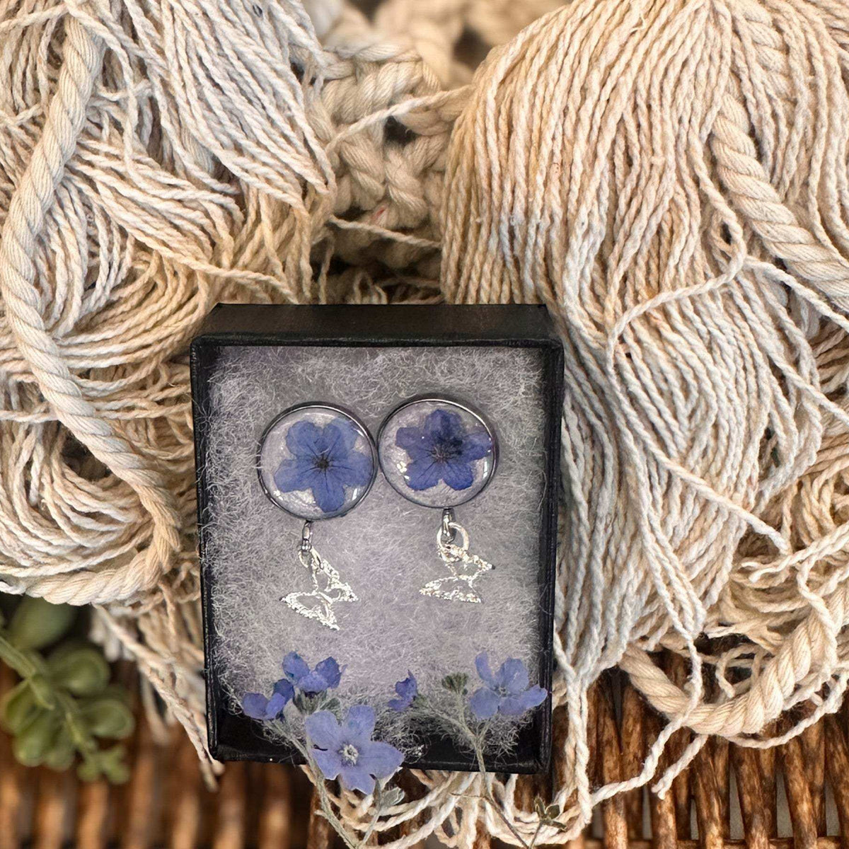 Forget-Me-Not Butterfly Resin Stud Earrings–Handmade with Real Flowers