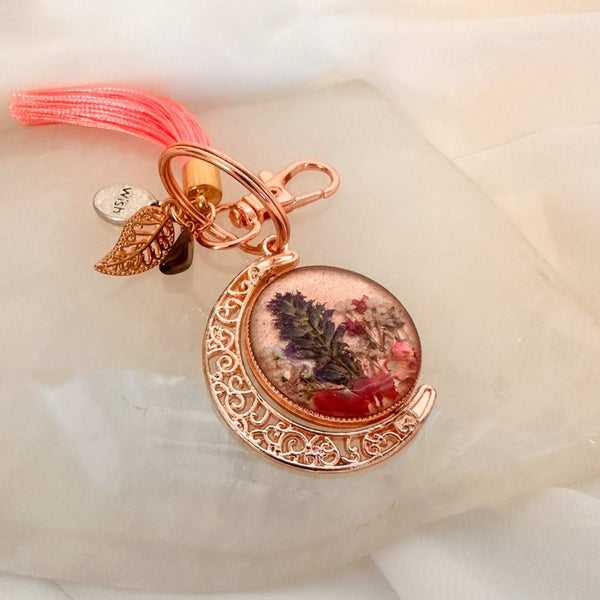 Moonlight Wishes Keychain – Rose Gold Floral & Dandelion Wish Charm