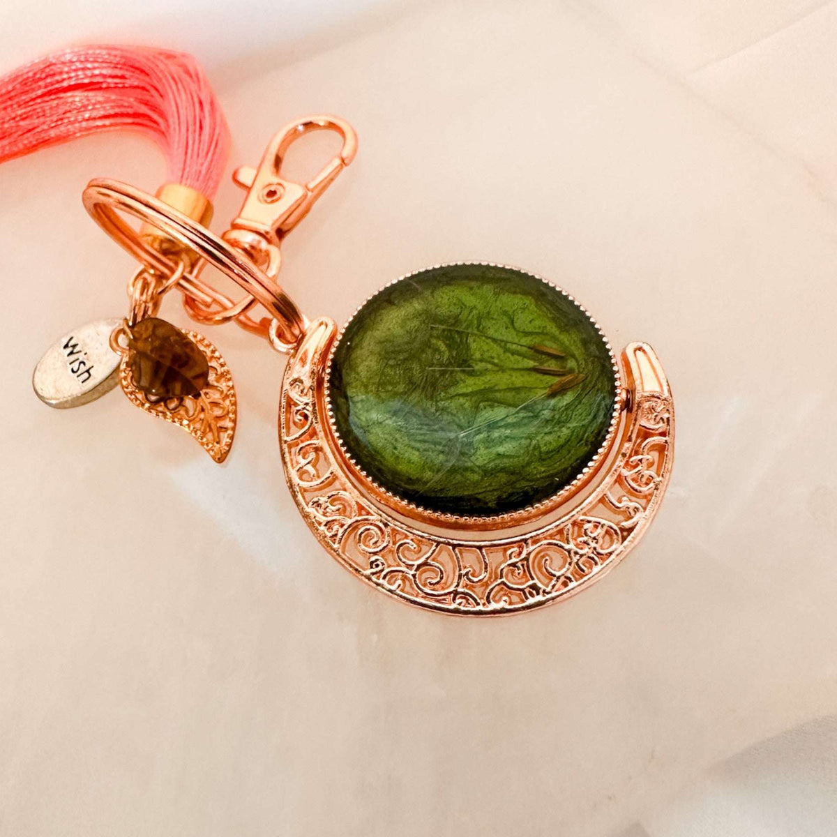 Moonlight Wishes Keychain – Rose Gold Floral & Dandelion Wish Charm