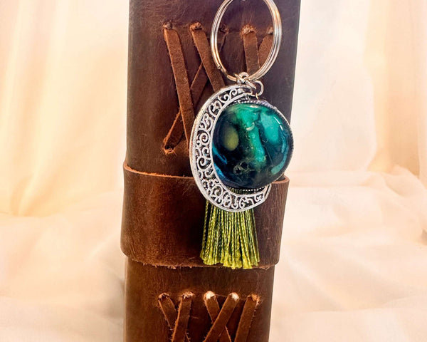 Northern Lights Rotating Moon Keychain with Obsidian Gemstone
