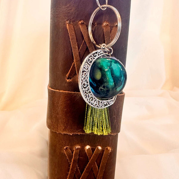 Northern Lights Rotating Moon Keychain with Obsidian Gemstone