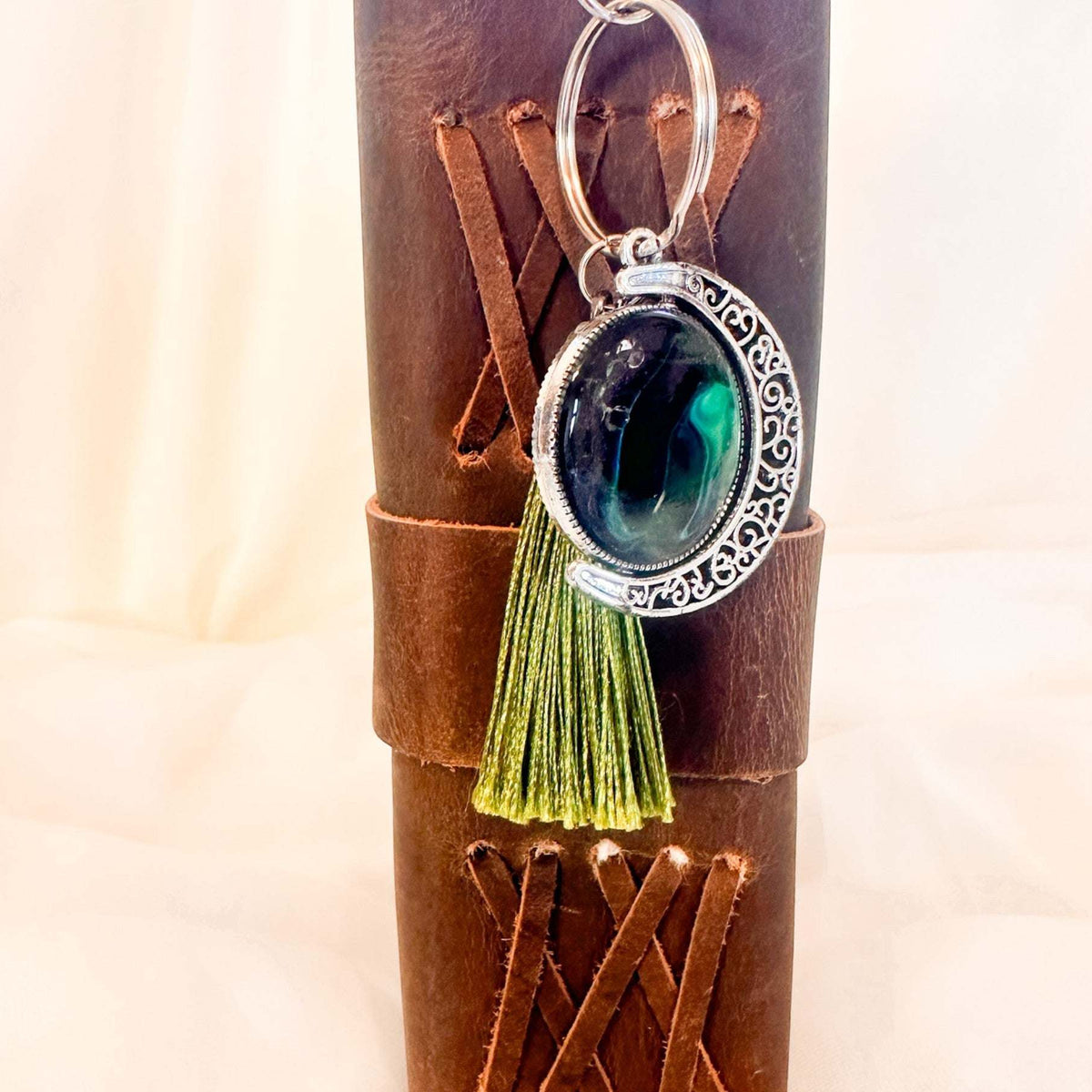 Northern Lights Rotating Moon Keychain with Obsidian Gemstone