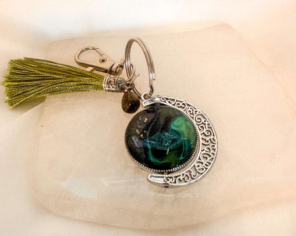 Northern Lights Rotating Moon Keychain with Obsidian Gemstone