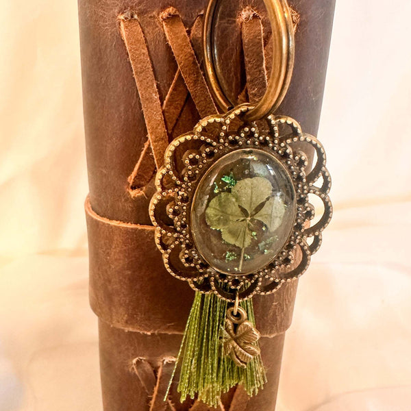 Lucky Clover Antique Bag Charm/Keychain-Handmade Real Four Leaf Clover