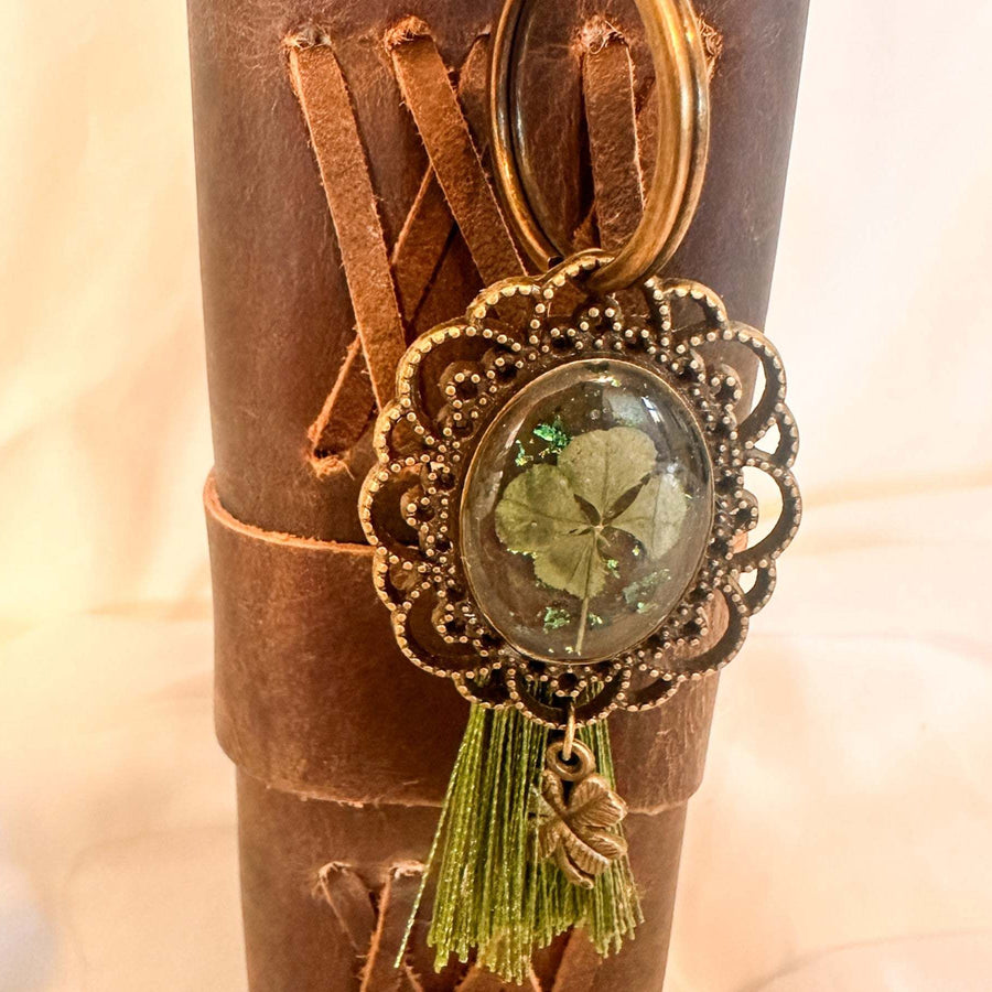 Lucky Clover Antique Bag Charm/Keychain-Handmade Real Four Leaf Clover