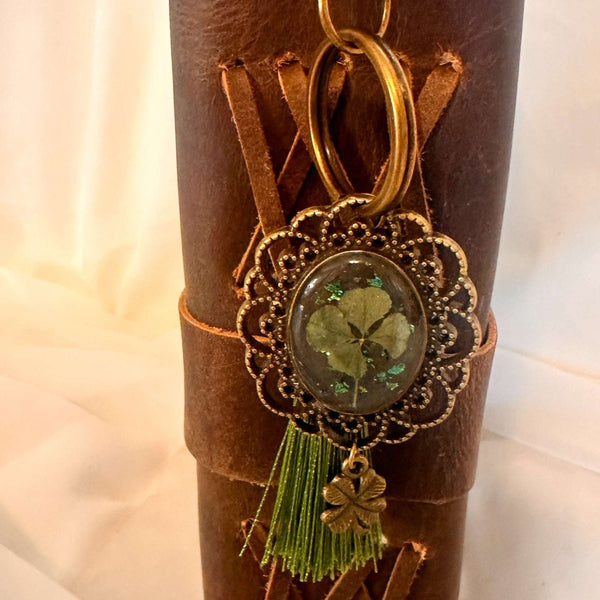 Lucky Clover Antique Bag Charm/Keychain-Handmade Real Four Leaf Clover