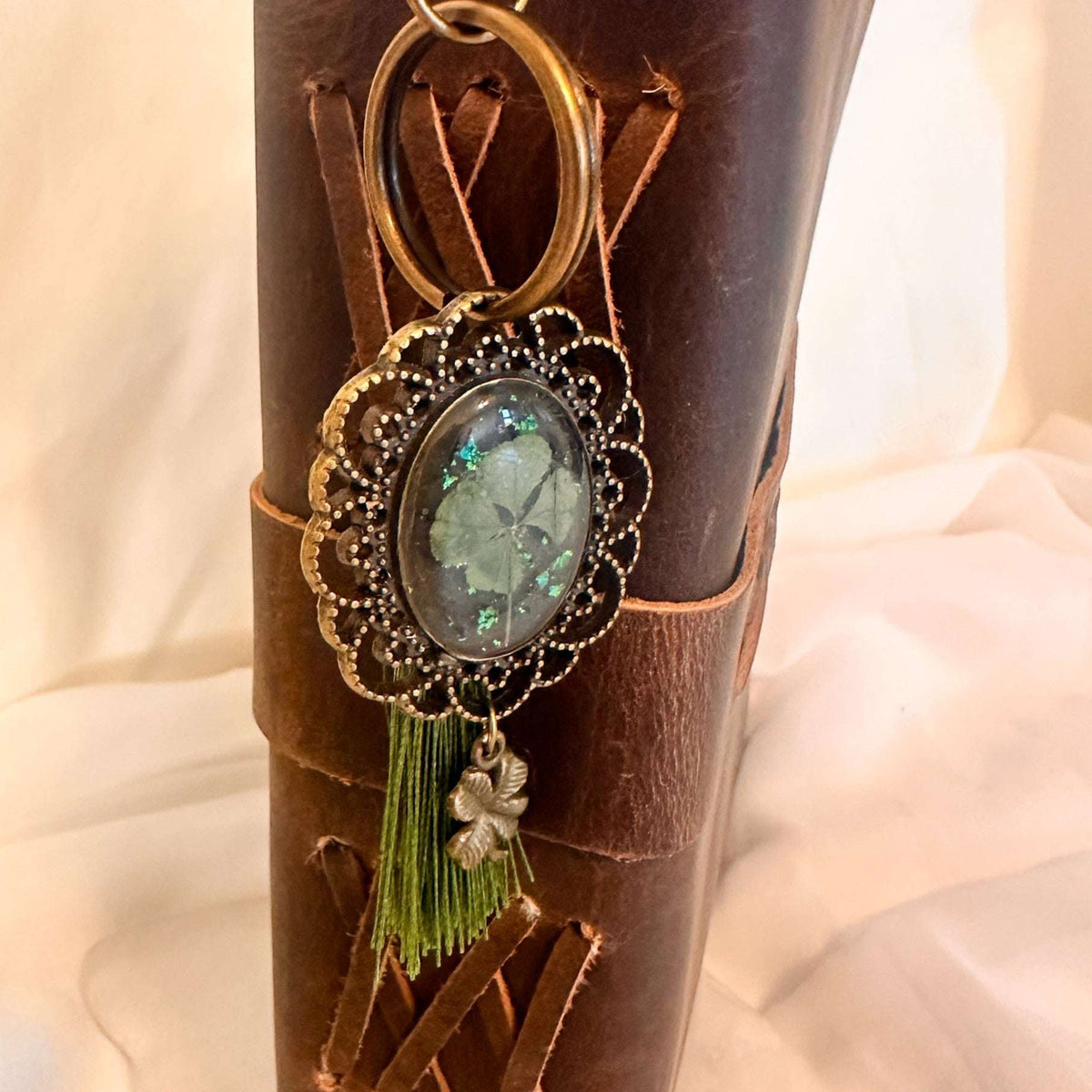 Lucky Clover Antique Bag Charm/Keychain-Handmade Real Four Leaf Clover