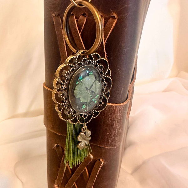 Lucky Clover Antique Bag Charm/Keychain-Handmade Real Four Leaf Clover