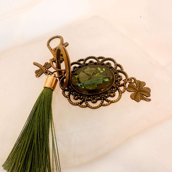 Lucky Clover Antique Bag Charm/Keychain-Handmade Real Four Leaf Clover