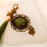 Lucky Clover Antique Bag Charm/Keychain-Handmade Real Four Leaf Clover