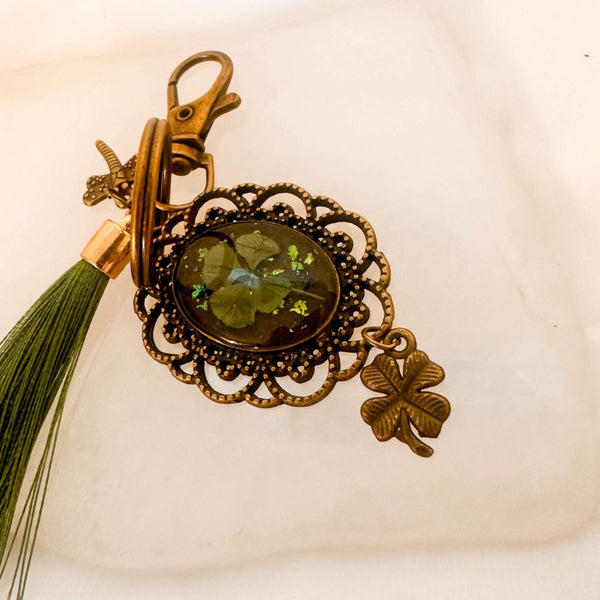 Lucky Clover Antique Bag Charm/Keychain-Handmade Real Four Leaf Clover