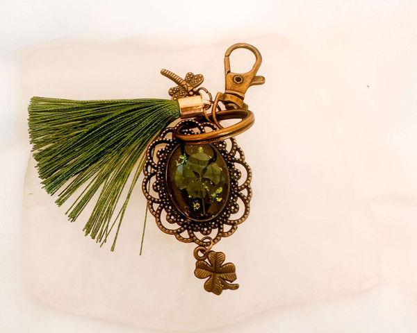 Lucky Clover Antique Bag Charm/Keychain-Handmade Real Four Leaf Clover