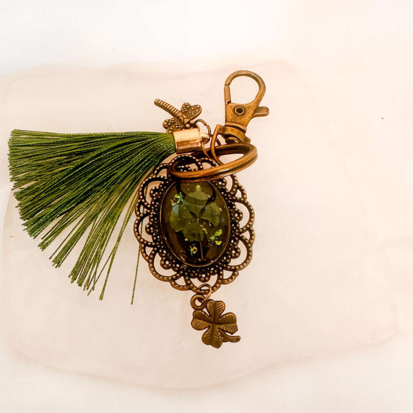Lucky Clover Antique Bag Charm/Keychain-Handmade Real Four Leaf Clover