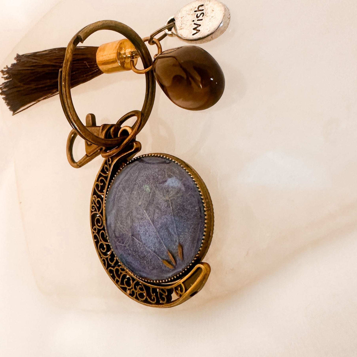 Moon Rotating Keychain/Bagcharm – Emerald & Blue Dandelion Wish Seeds