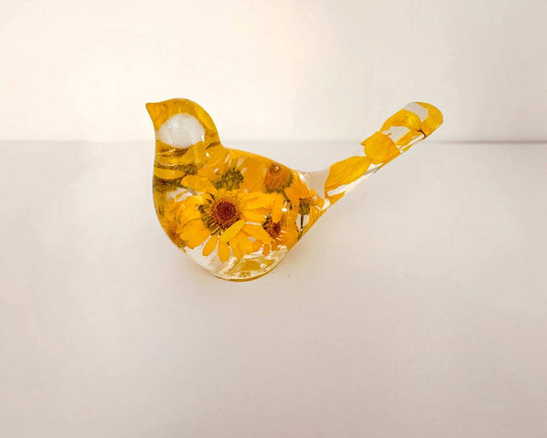 Golden Meadow Songbird | Yellow Floral Resin Bird Decor