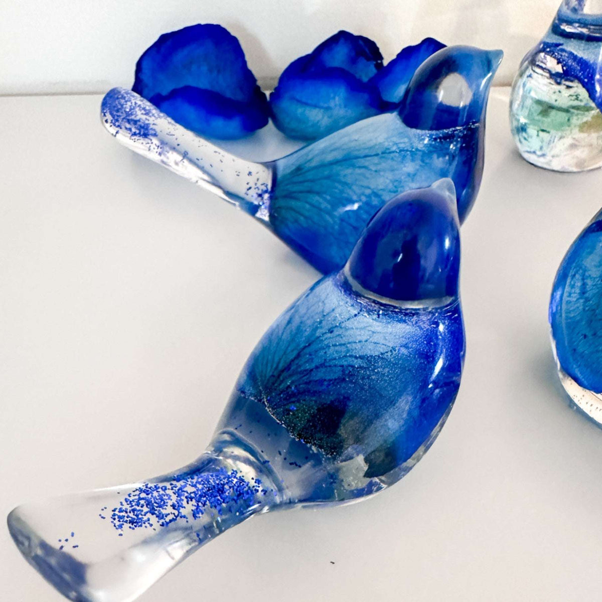 Azure Songbirds of Serenity - Handmade Blue Rose Petal Resin Birds