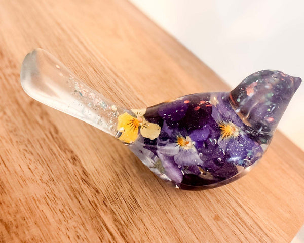 Pansy Songbird - Handmade Resin Bird Decor with Real Pansy Flowers
