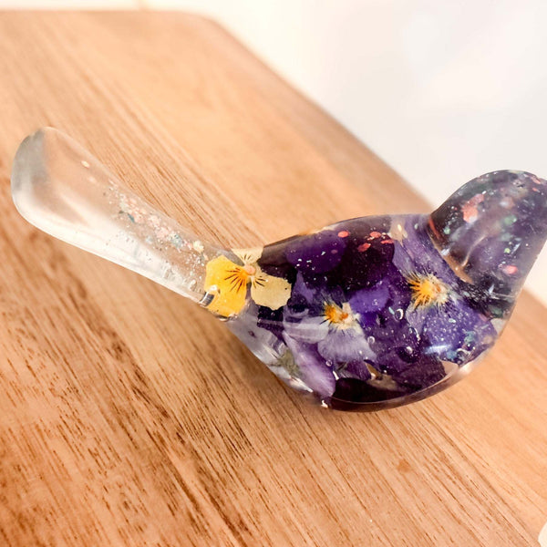 Pansy Songbird - Handmade Resin Bird Decor with Real Pansy Flowers