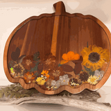 Handmade wooden harvest sunflower pumpkin tray with real pressed sunflower, dried botanicals, bee charm, and gold glitter decoration