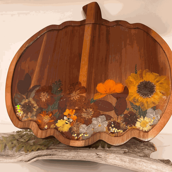 Handmade wooden harvest sunflower pumpkin tray with real pressed sunflower, dried botanicals, bee charm, and gold glitter decoration