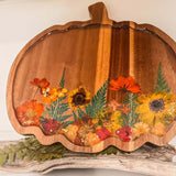 Wooden Harvest Sunflower Pumpkin Tray with real pressed sunflower, dried botanicals, bee charm, and gold glitter accents.