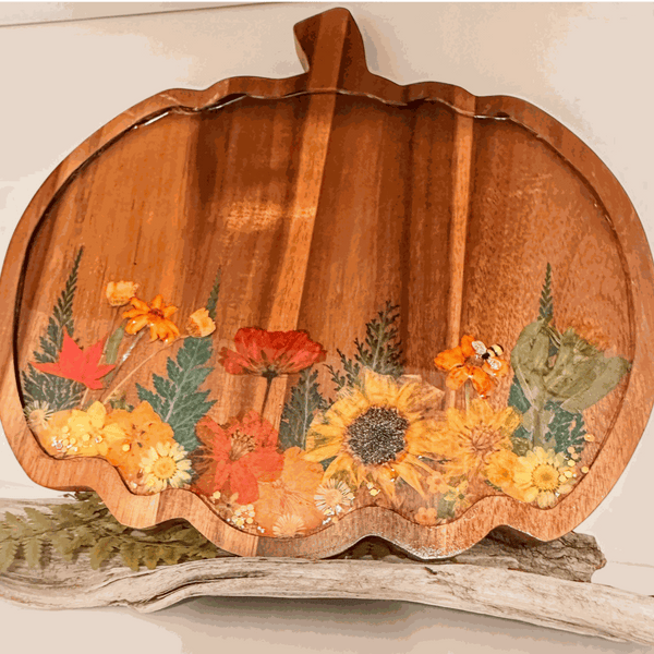 Wooden harvest pumpkin tray with real pressed sunflower, dried botanicals, bee charm, and gold glitter decoration