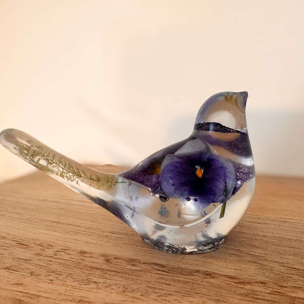 Pansy Songbird - Handmade Resin Bird Decor with Real Pansy Flowers