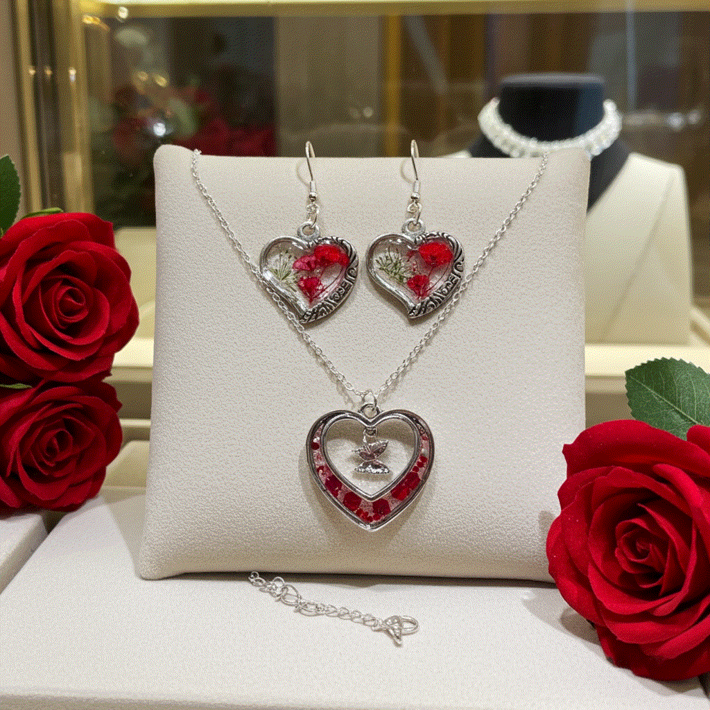 Floral Heart Jewelry Set - Handmade Pressed Flower Necklace & Earrings