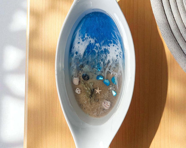 Ocean Porcelain Tray - Handmade Resin Coastal Decor with Real Seashells