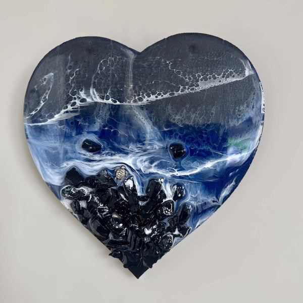 Ocean Black Seas Epoxy Resin Heart - Love of the Dark Seas Series