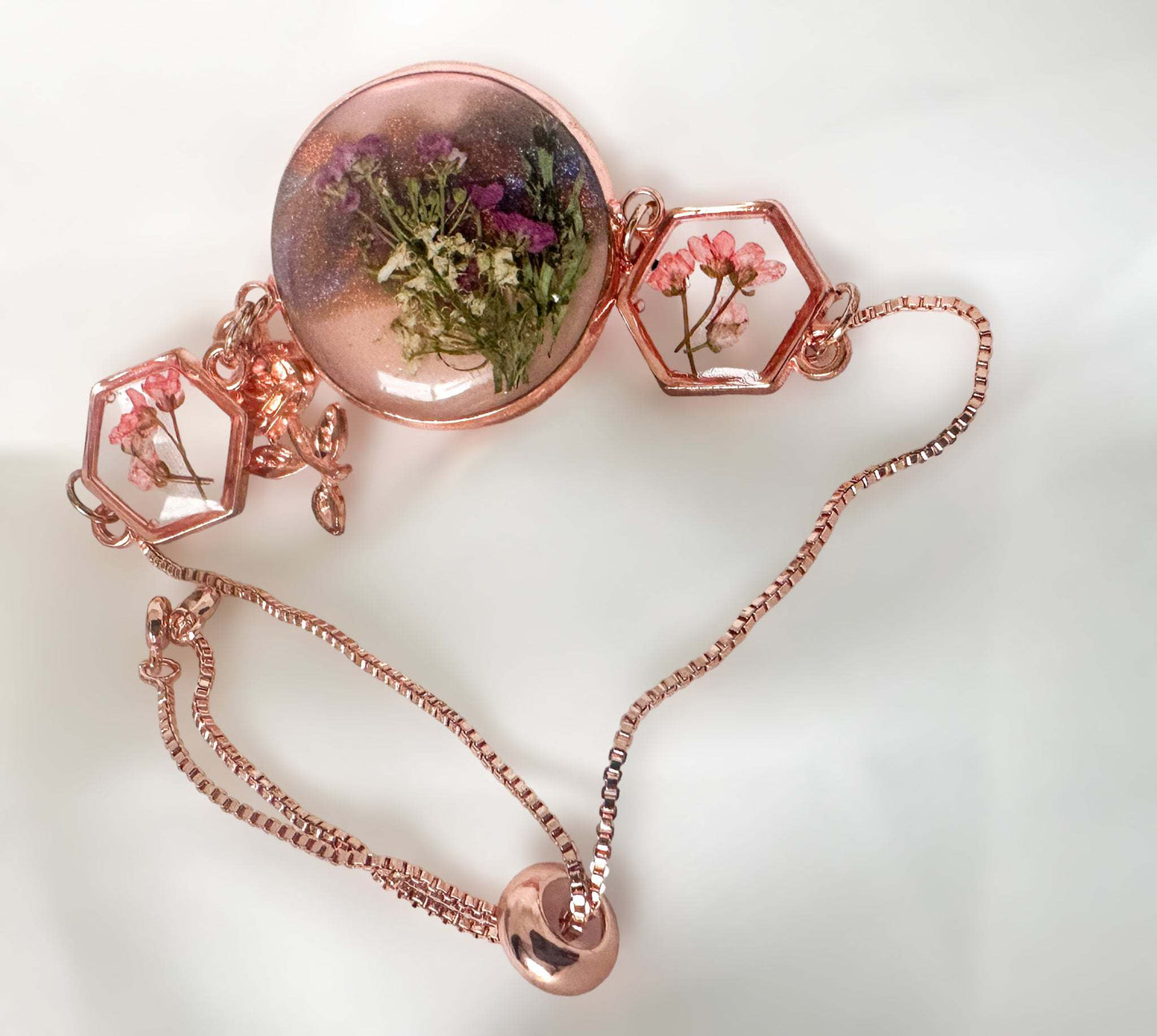 Bracelet Handmade with Resin & Dried Flowers  - Rose Gold Elegance 