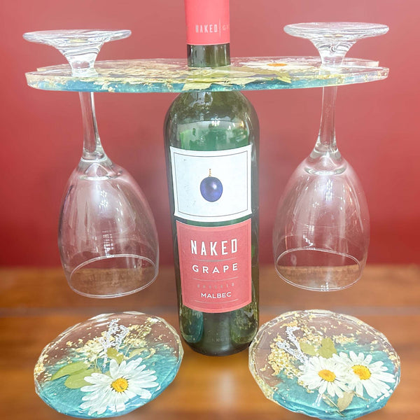 Wine Glass Caddy with 2 Coasters Resin Butler Coaster Set
