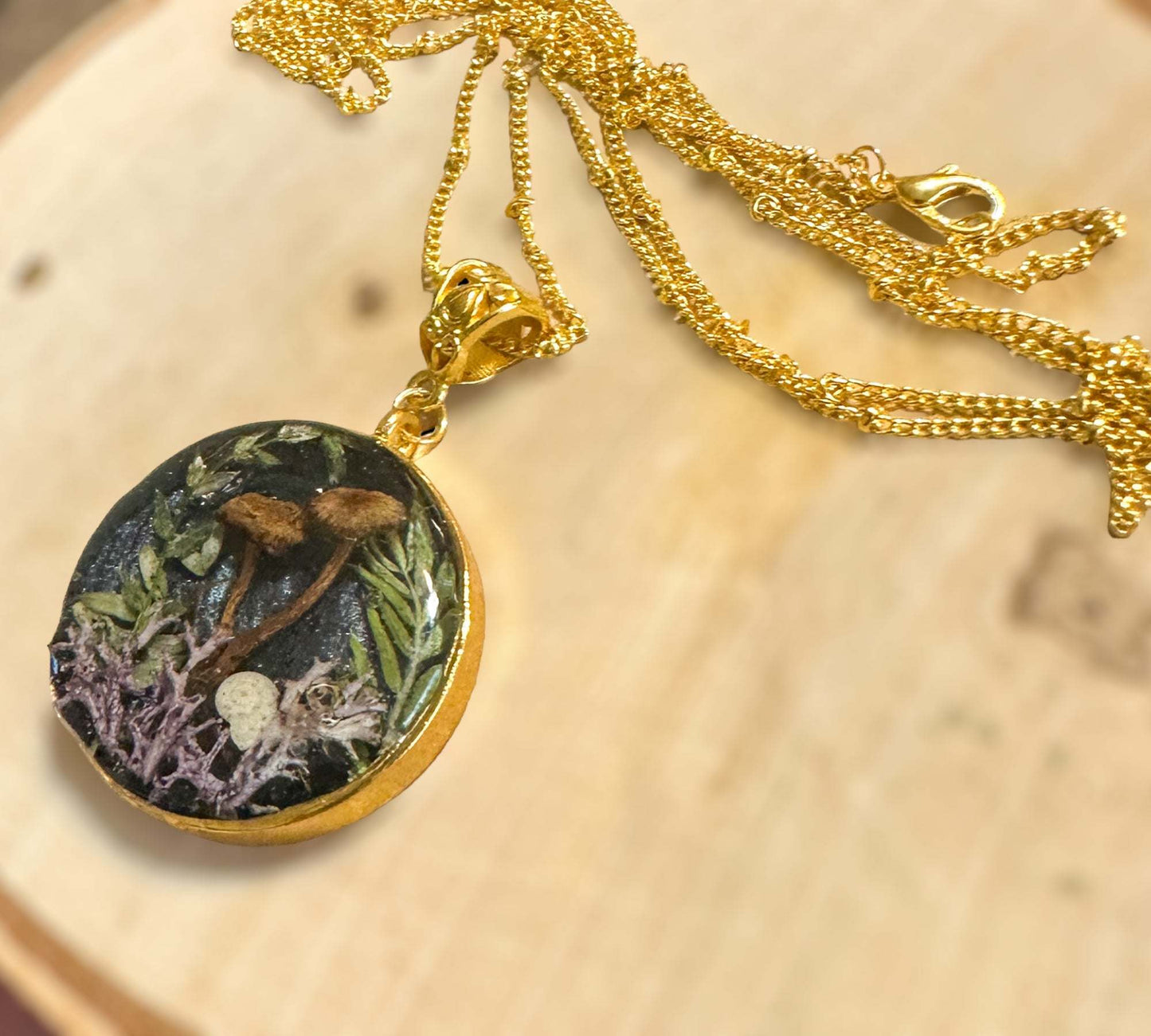 Magical Forest- Resin Botanical Necklace with Mini Mushrooms & Ferns