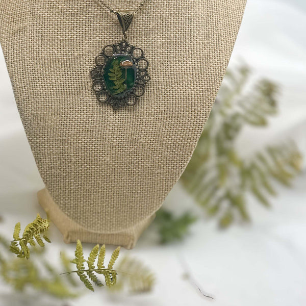 Mushroom Pendant - Magical Green Forest Antique Copper Frame