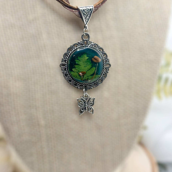 Mushroom Pendant - Magical Green Forest with Silver Butterfly
