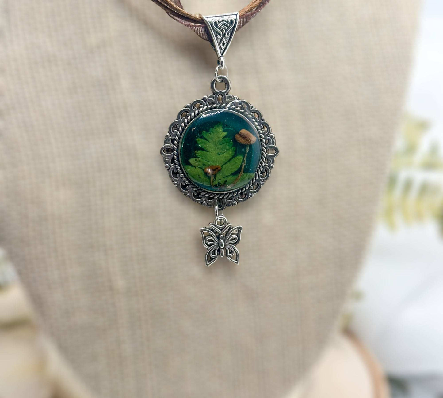 Mushroom Pendant - Magical Green Forest with Silver Butterfly