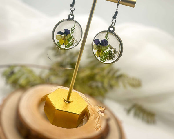Pansy Earrings: Nature Inspired - Real Fern and Delicate Flowers 