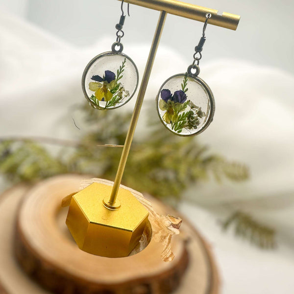 Pansy Earrings: Nature Inspired - Real Fern and Delicate Flowers 