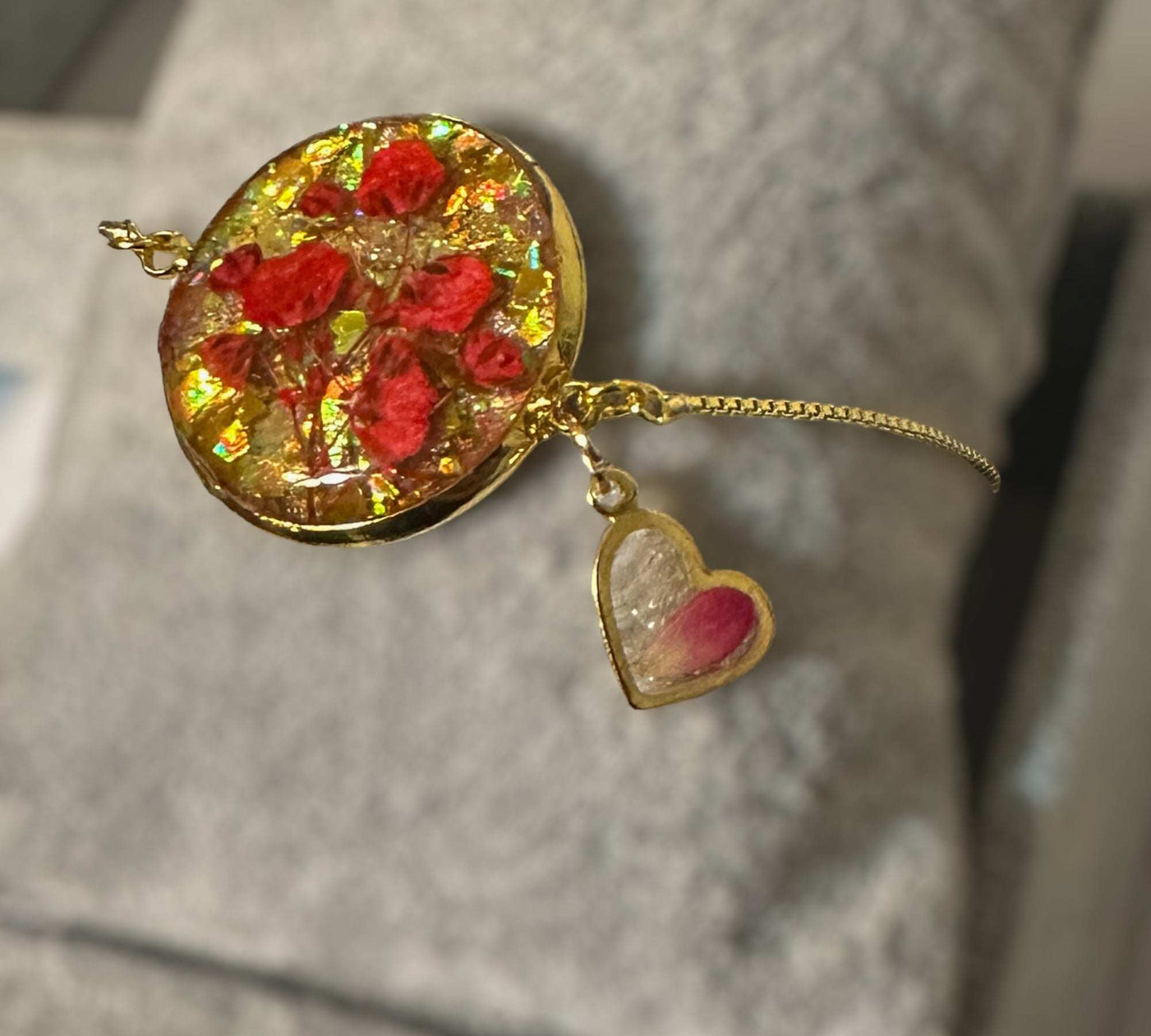 Gilded Blossoms Bracelet: Red Floral and Heart Charm Gold Slider Chain