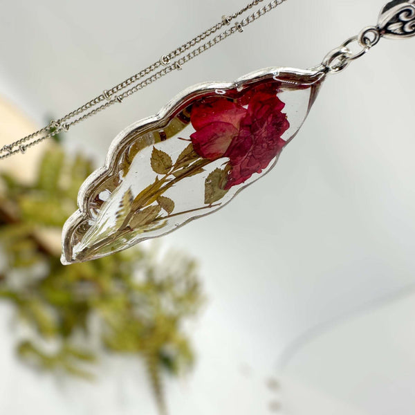 Roses are Red - Real Dried Rose Silver Leaf Necklace - Nature-Inspired