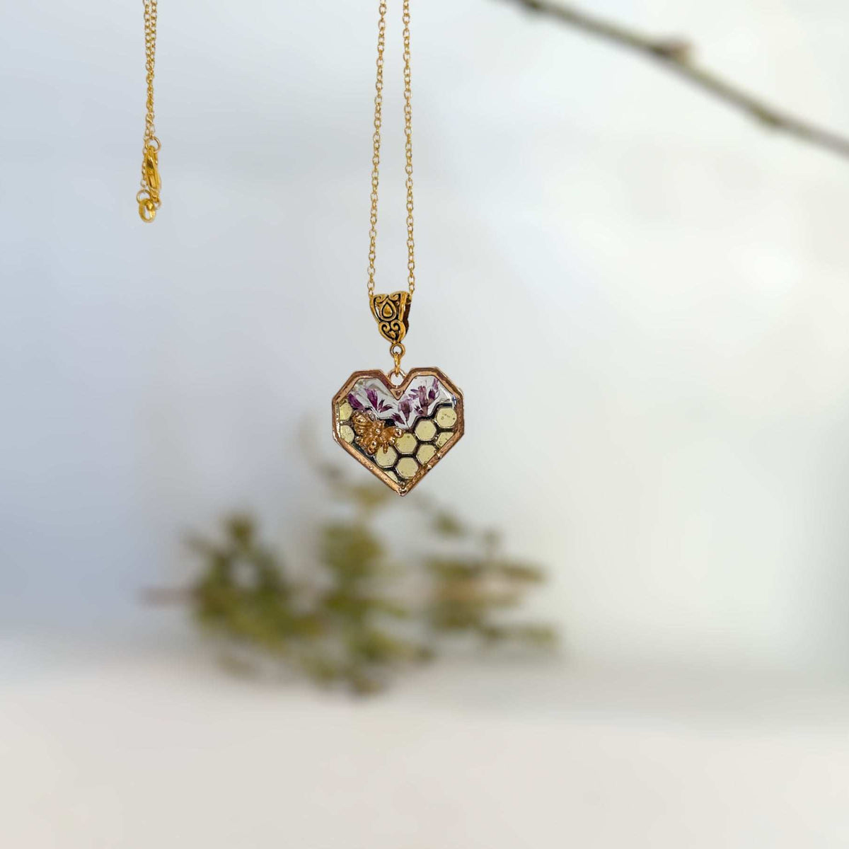 Bee Pendant - Blossom Buzz Harmony Heart - Handmade with Dried Flowers