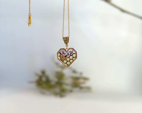 Bee Pendant - Blossom Buzz Harmony Heart - Handmade with Dried Flowers