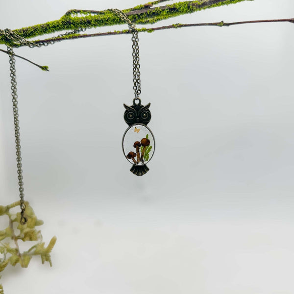 Enchanting Owl Mushroom Forest Pendant - Dried Ferns and Mushrooms