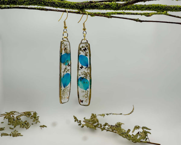Blue Blooms Cascade Earrings - Minimalistic Meets Boho -Pressed Flower