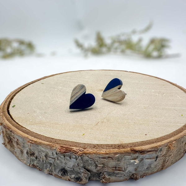 Heartfelt Boho Bliss: Whimsical Wood and Dark Blue Resin Heart Earring