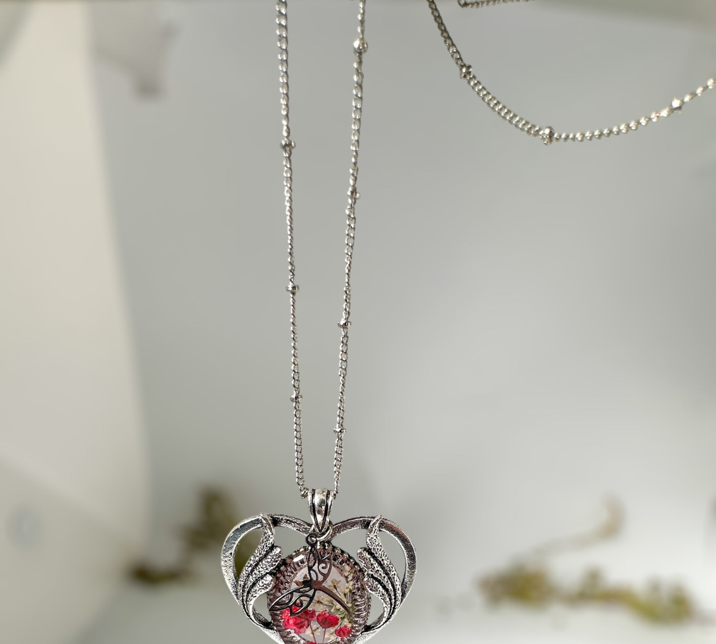 Red Heart Necklace - Dried Pressed Floral Heart Rose Necklace