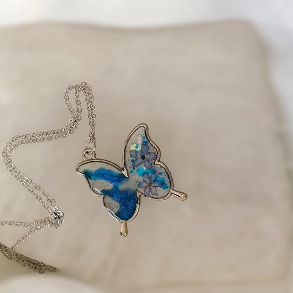 Butterfly Pendant - Dried Flowers & Petals with Mother of Pearl 